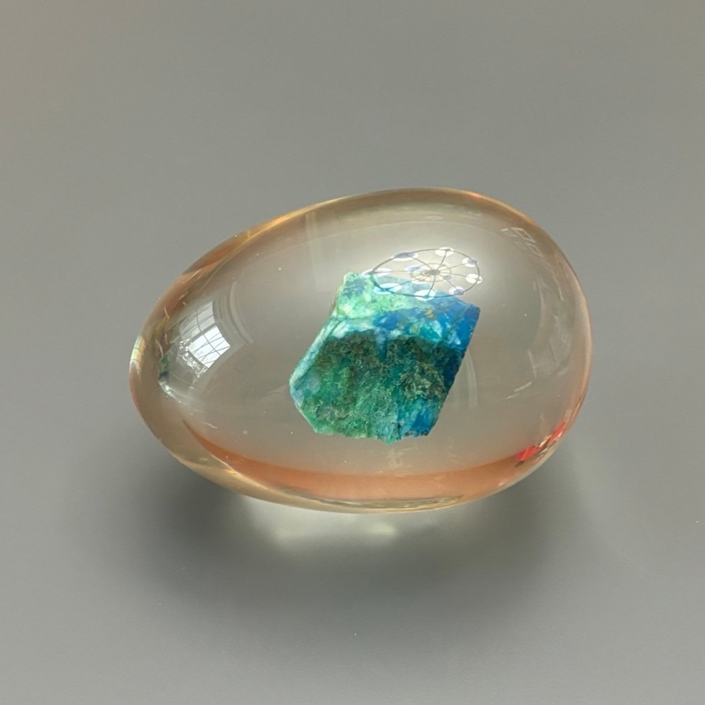 Chrysocolla stone inside acrylic egg paperweight vintage desk decor MCM